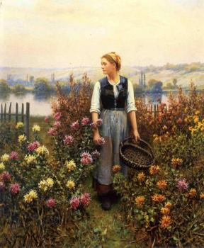 Daniel Ridgway Knight : Girl with a Basket in a Garden